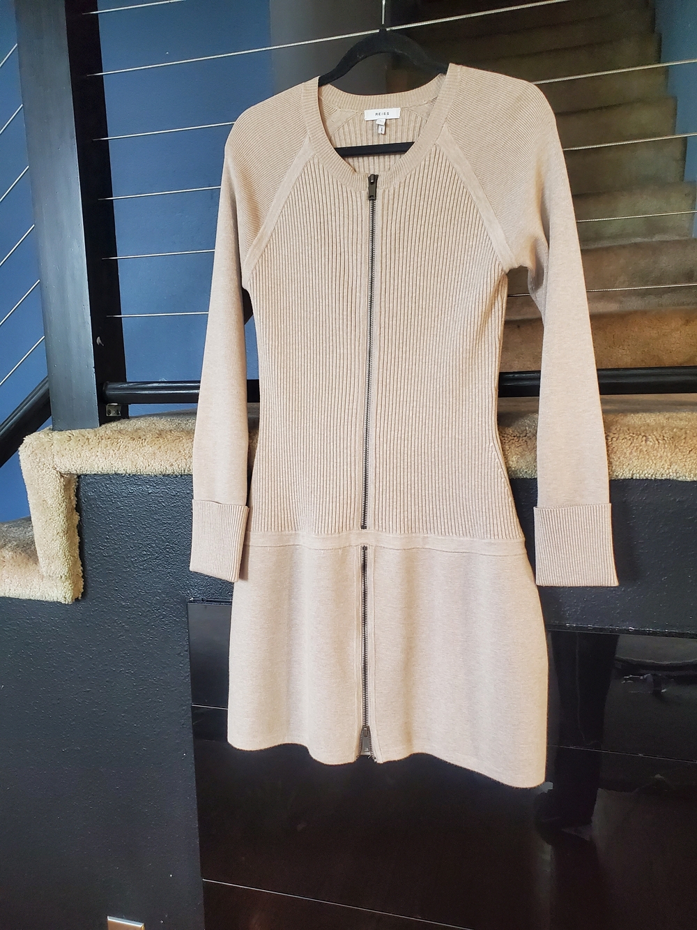 Reiss Neutral Beige Zip-Front Long Sleeve Knit Dress